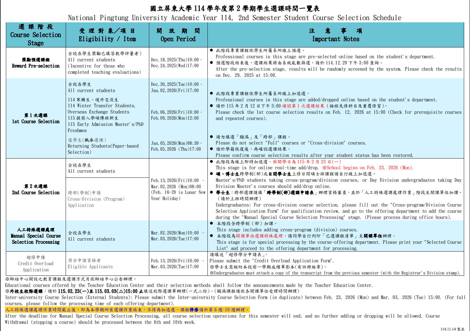 國立屏東大學114學年度第2學期學生選課時間一覽表